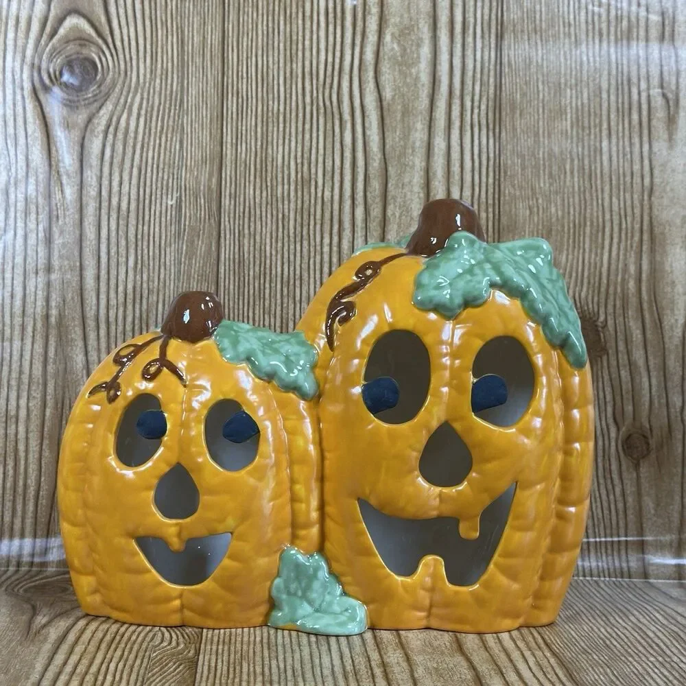 Vintage Ceramic Mold Halloween‎ Pumpkin Hand Painted Jack O Lantern 8”